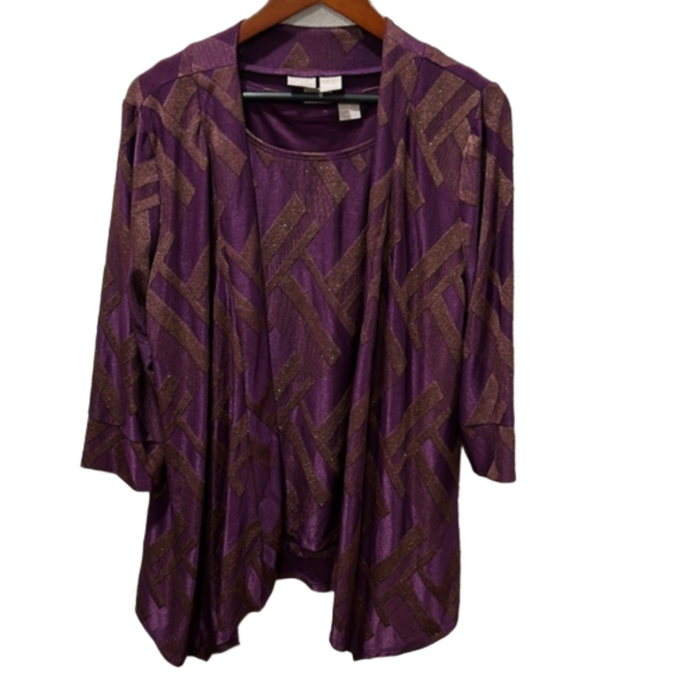 CHICOS travelers lurex jacquard cardigan 2piece Top size 2 GUC..